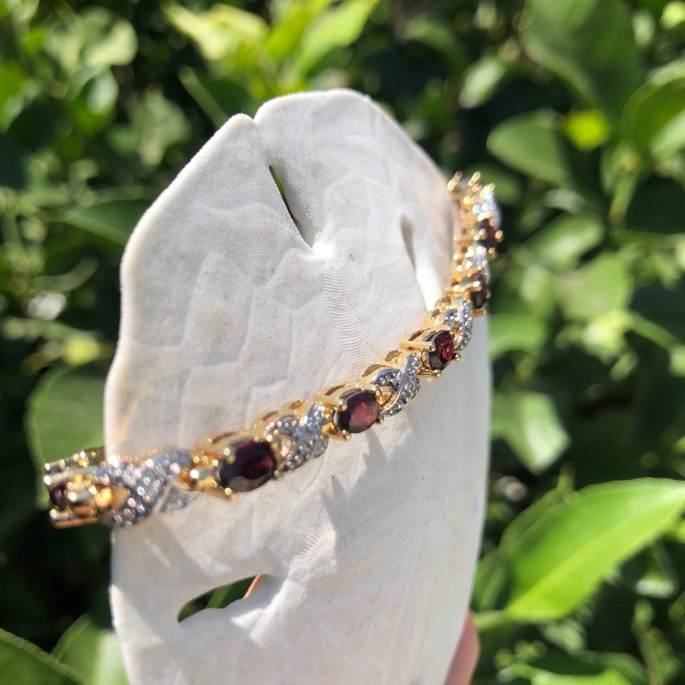 Sterling Natural Garnet Diamond Cut Crossover Vermeil Gold Tennis Bracelet - Picture 10 of 12